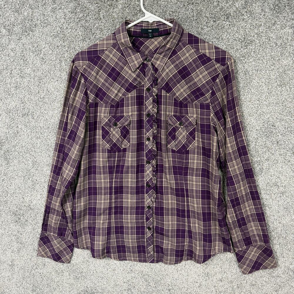 Vintage 90s Gap Shirt XL Purple Plaid Western Cowgirl Eclectic Ruffles Academia